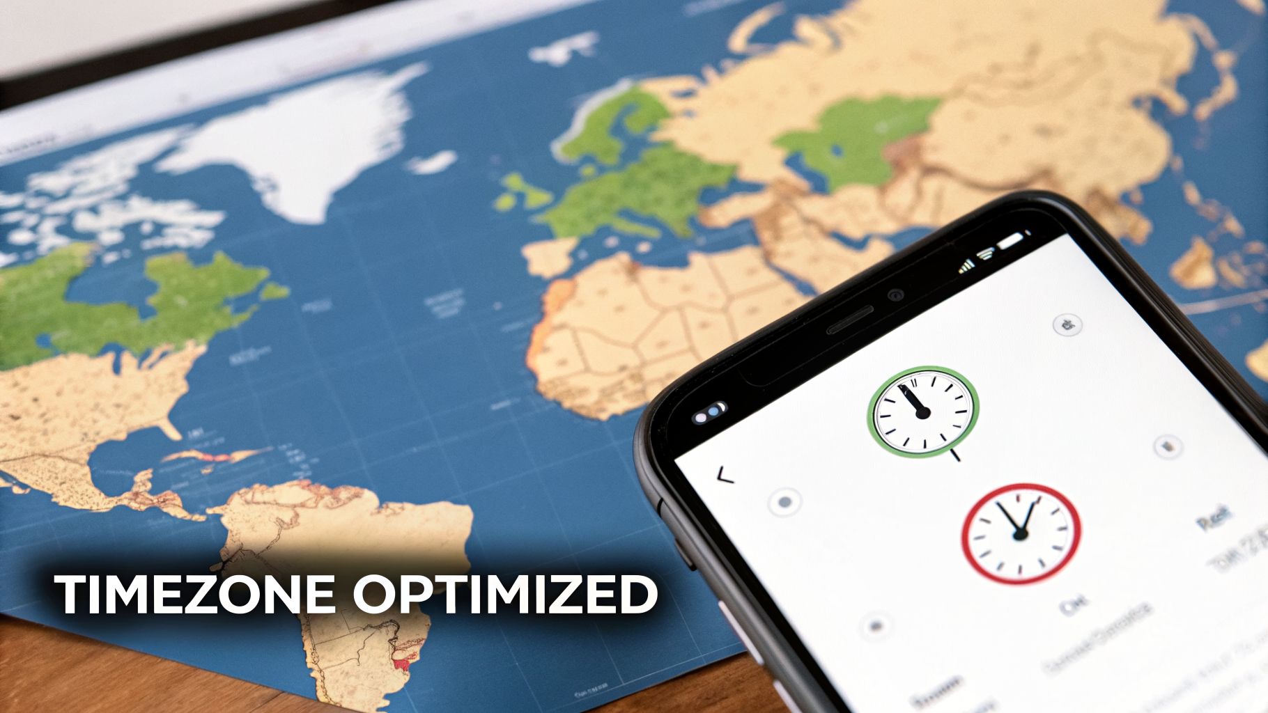 Smartphone displaying a timezone optimization app with two clock faces on a world map background.