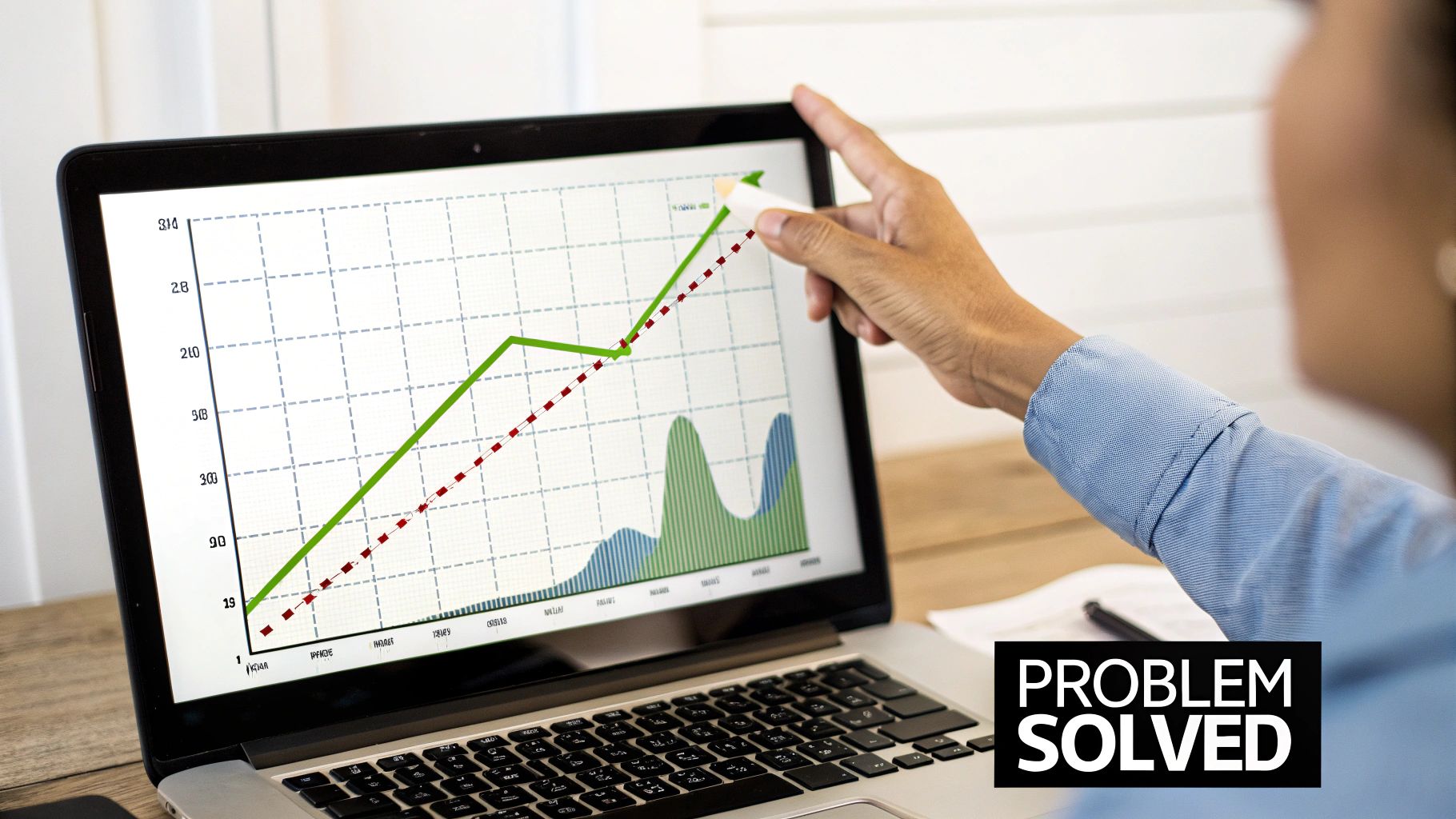 A hand points at a laptop displaying a business growth chart with an upward trend, indicating a problem solved.