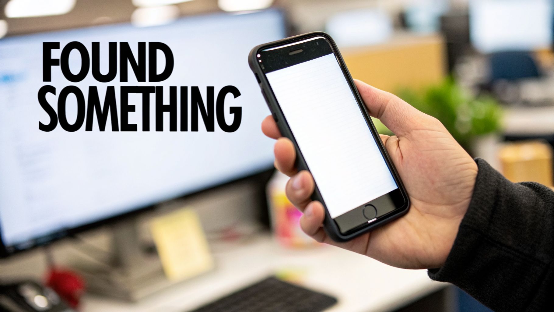 A hand holds a smartphone with a blank screen in an office, while a computer monitor displays "FOUND SOMETHING".