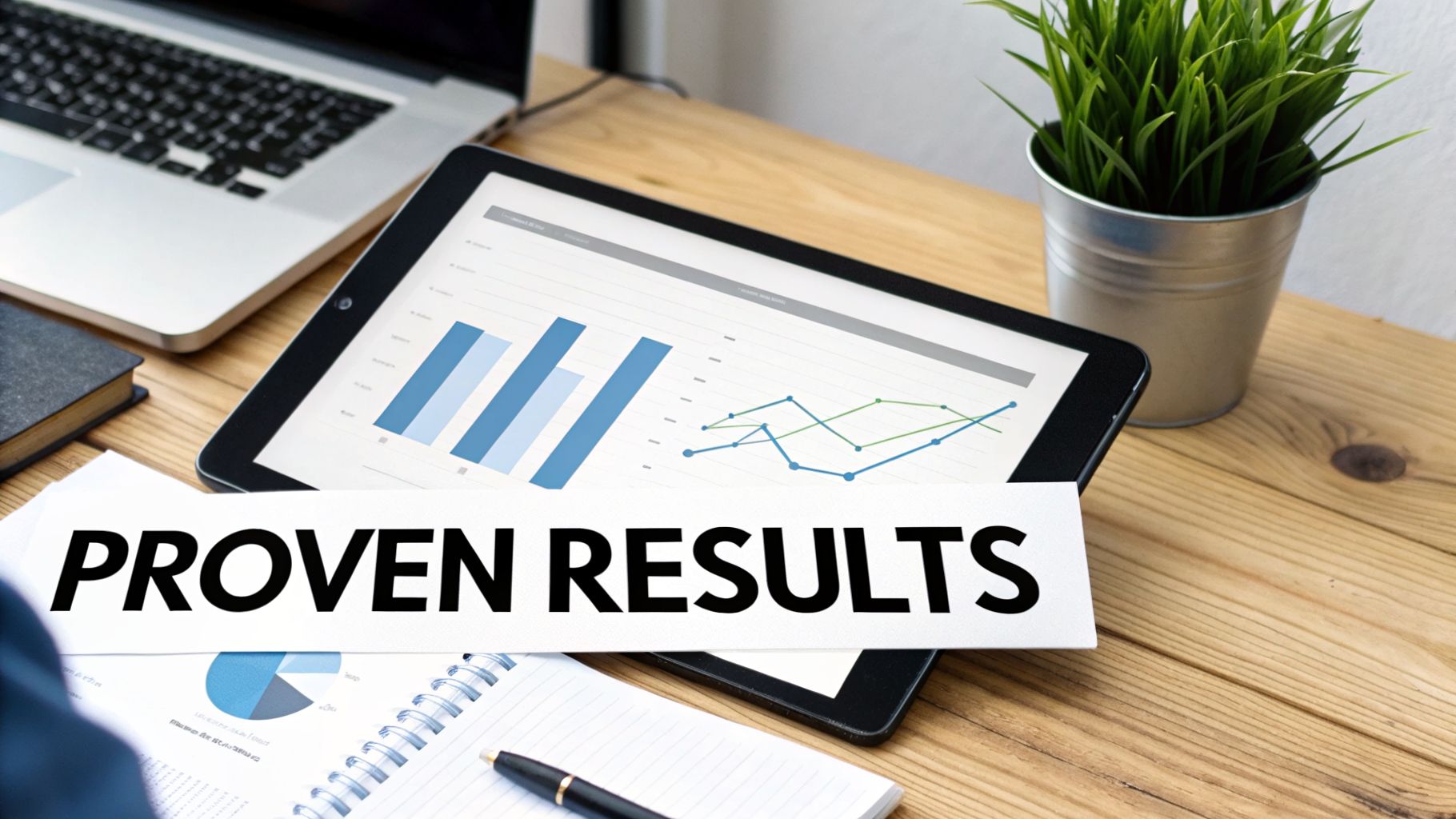 A business desk with a laptop, a tablet showing graphs, a notebook, and a card stating 'PROVEN RESULTS'.