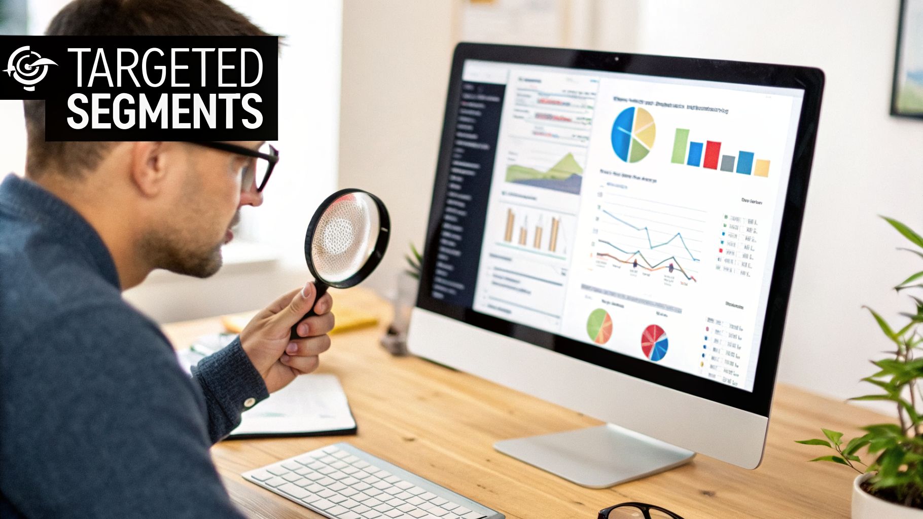 Focused man analyzing targeted segments and marketing data on a desktop computer with a magnifying glass.