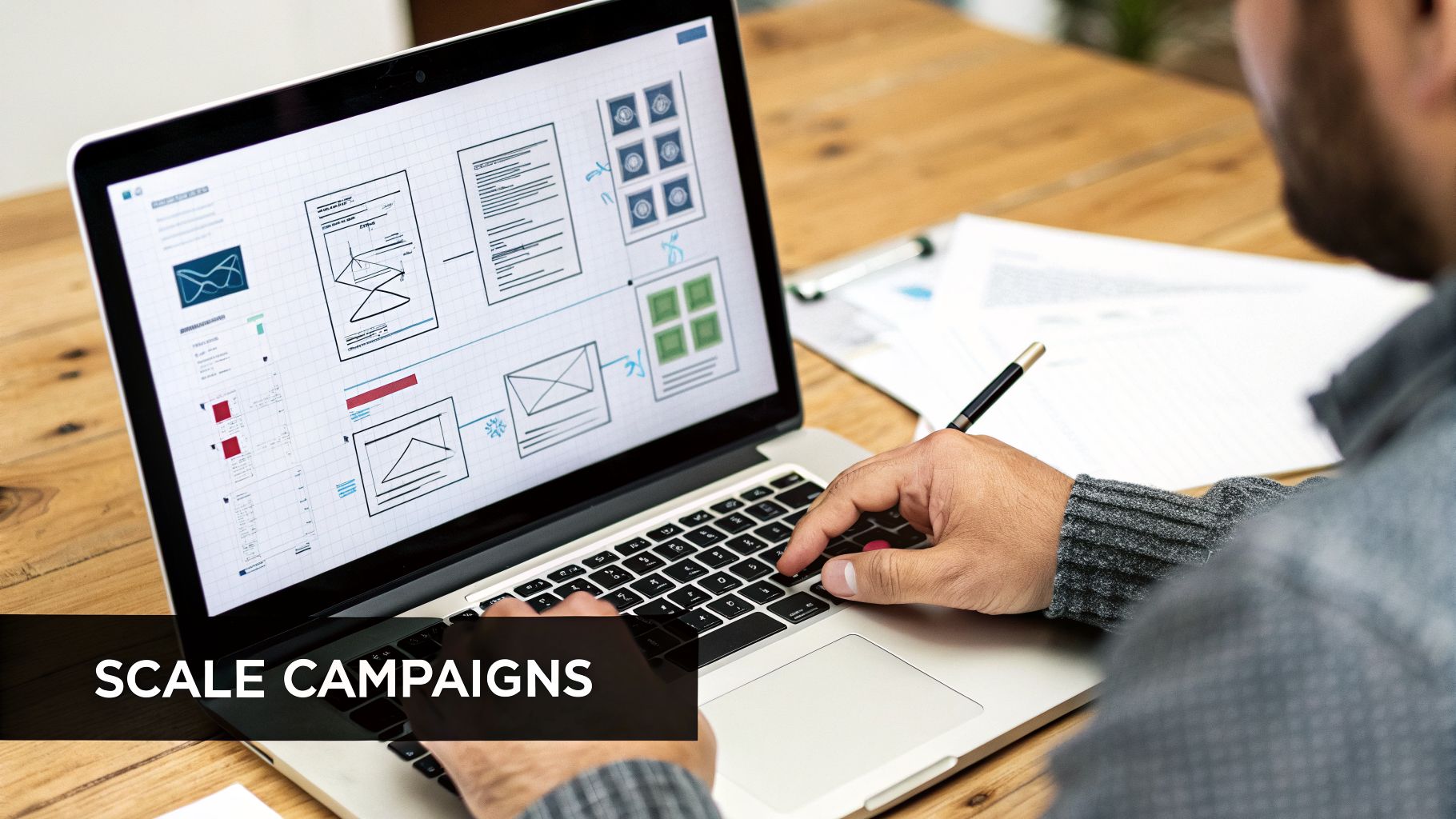 A person uses a laptop to design and scale marketing campaigns, viewing wireframes and data.