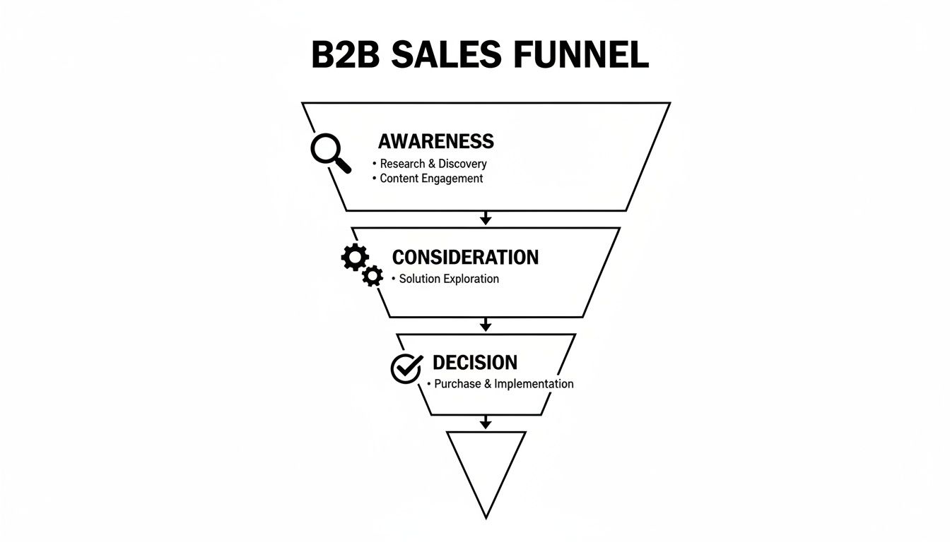A B2B sales funnel diagram showing Awareness, Consideration, and Decision stages with corresponding actions.