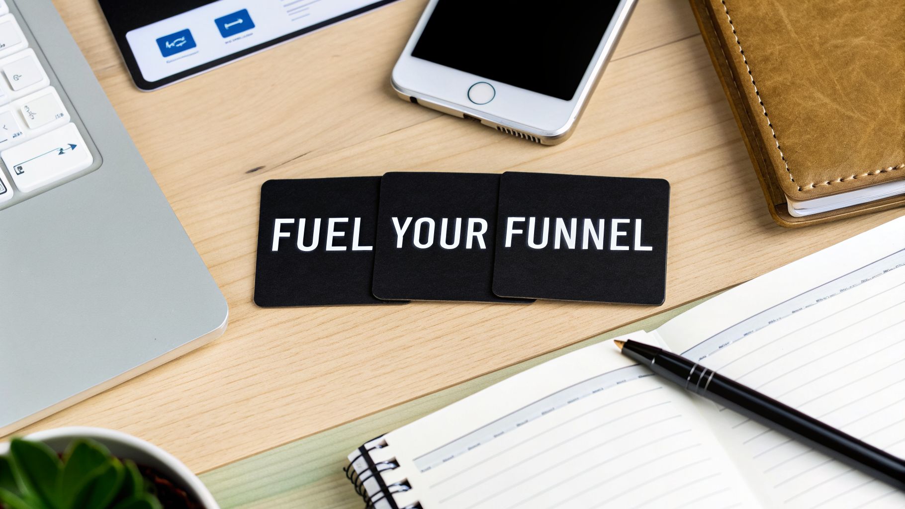 Flat lay of a professional desk with a laptop, smartphone, open notebook, and cards displaying 'FUEL YOUR FUNNEL' for business growth.