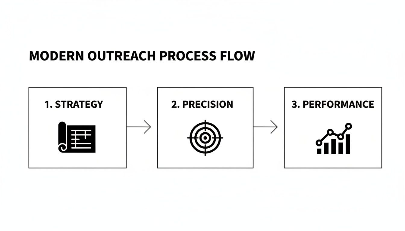 A modern outreach process flow diagram with three steps: Strategy, Precision, and Performance, each with an icon.