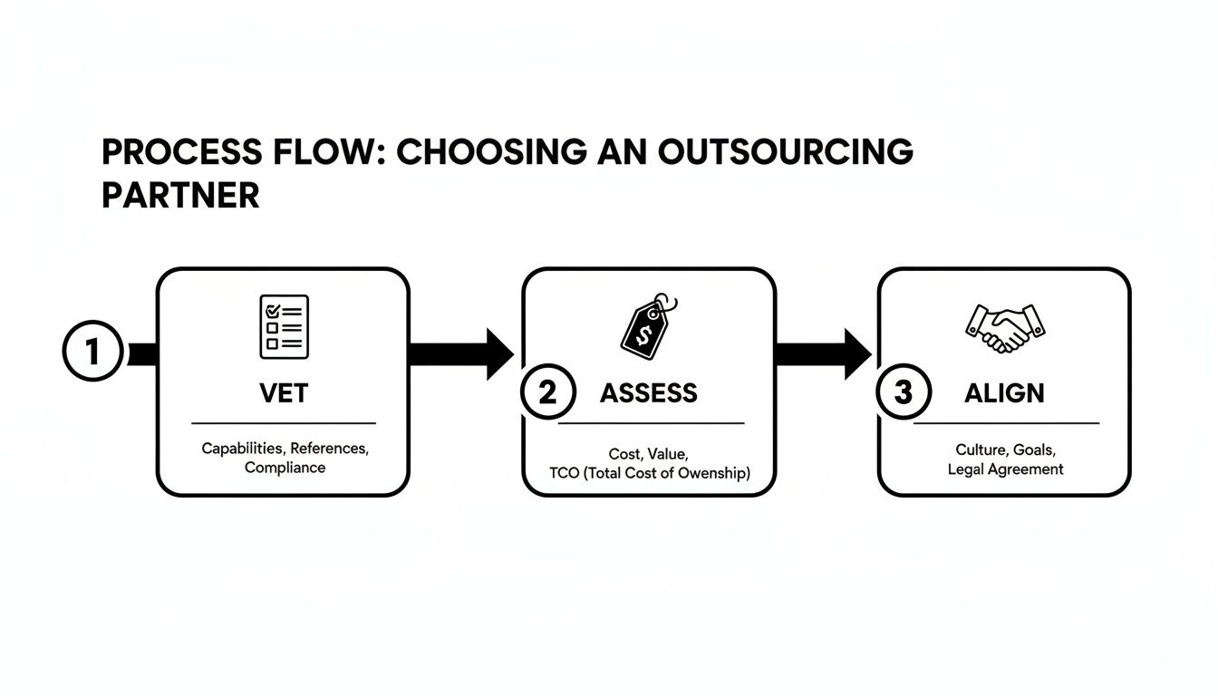 Process flow diagram outlining three steps to choose an outsourcing partner: Vet, Assess, and Align.