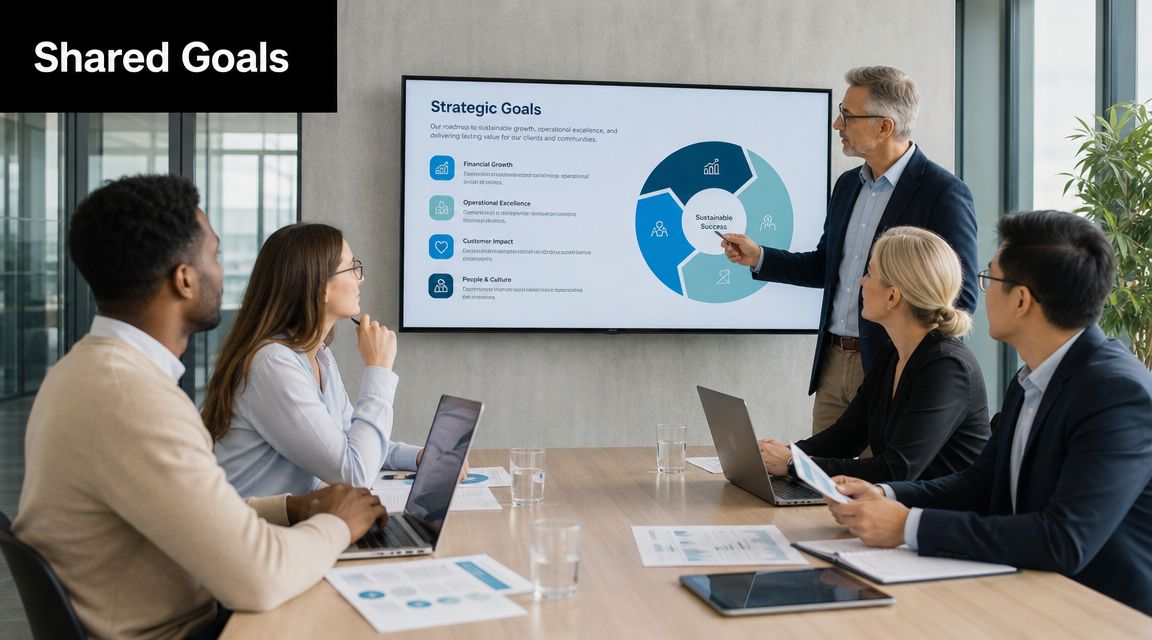 A professional team in a conference room discussing strategic goals shown on a large presentation screen.