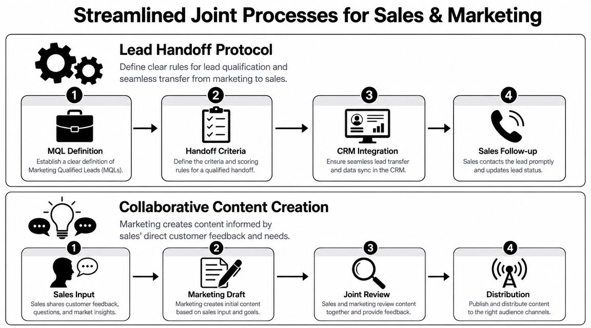 A diagram illustrating streamlined joint processes for sales and marketing alignment, including lead handoff and content creation.