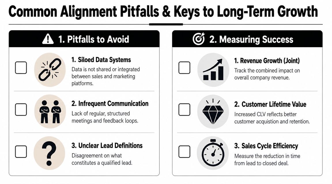 An infographic titled Common Alignment Pitfalls and Keys to Long-Term Growth, listing strategies for sales and marketing success.