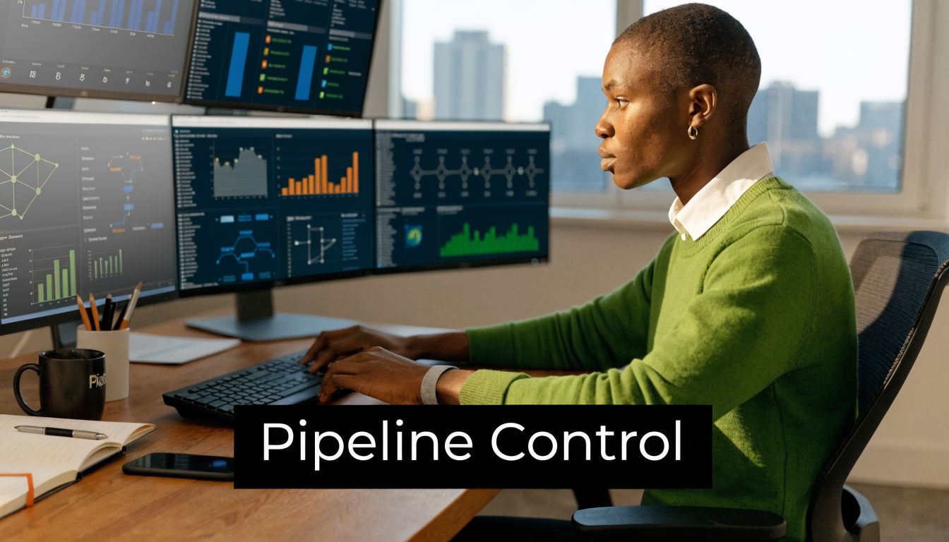 A professional analyzing data and pipeline dashboards on multiple computer monitors in a bright office environment.