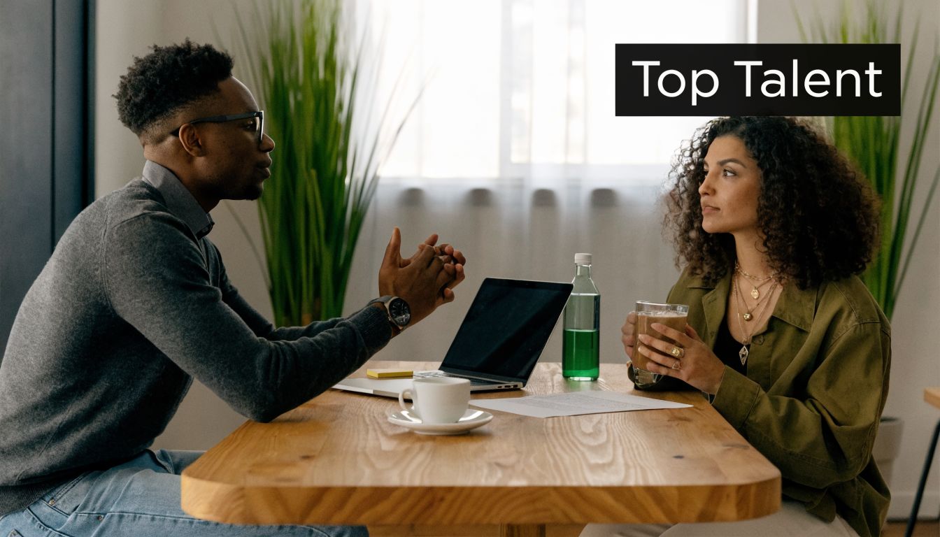 A man and a woman sitting at a wooden table in an office having a professional conversation.