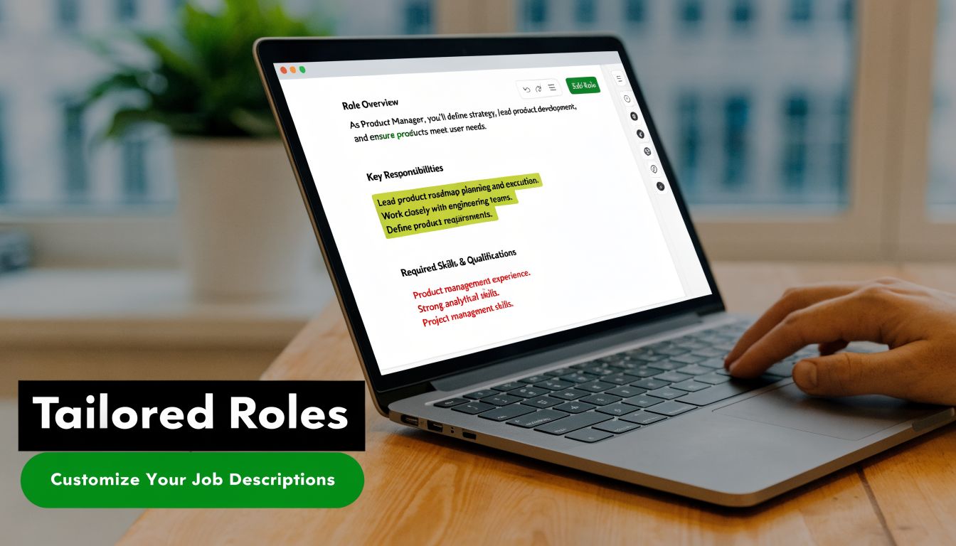 A laptop screen displaying a customized Product Manager job description template on a wooden office desk.