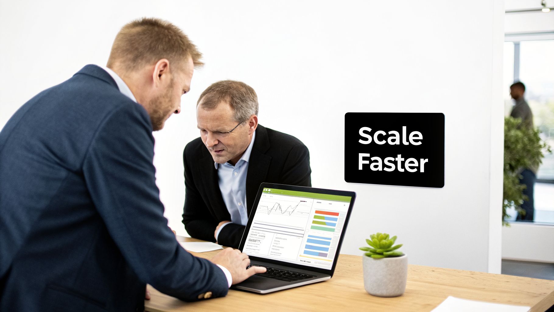 Two businessmen analyzing data and charts on a laptop in an office setting.