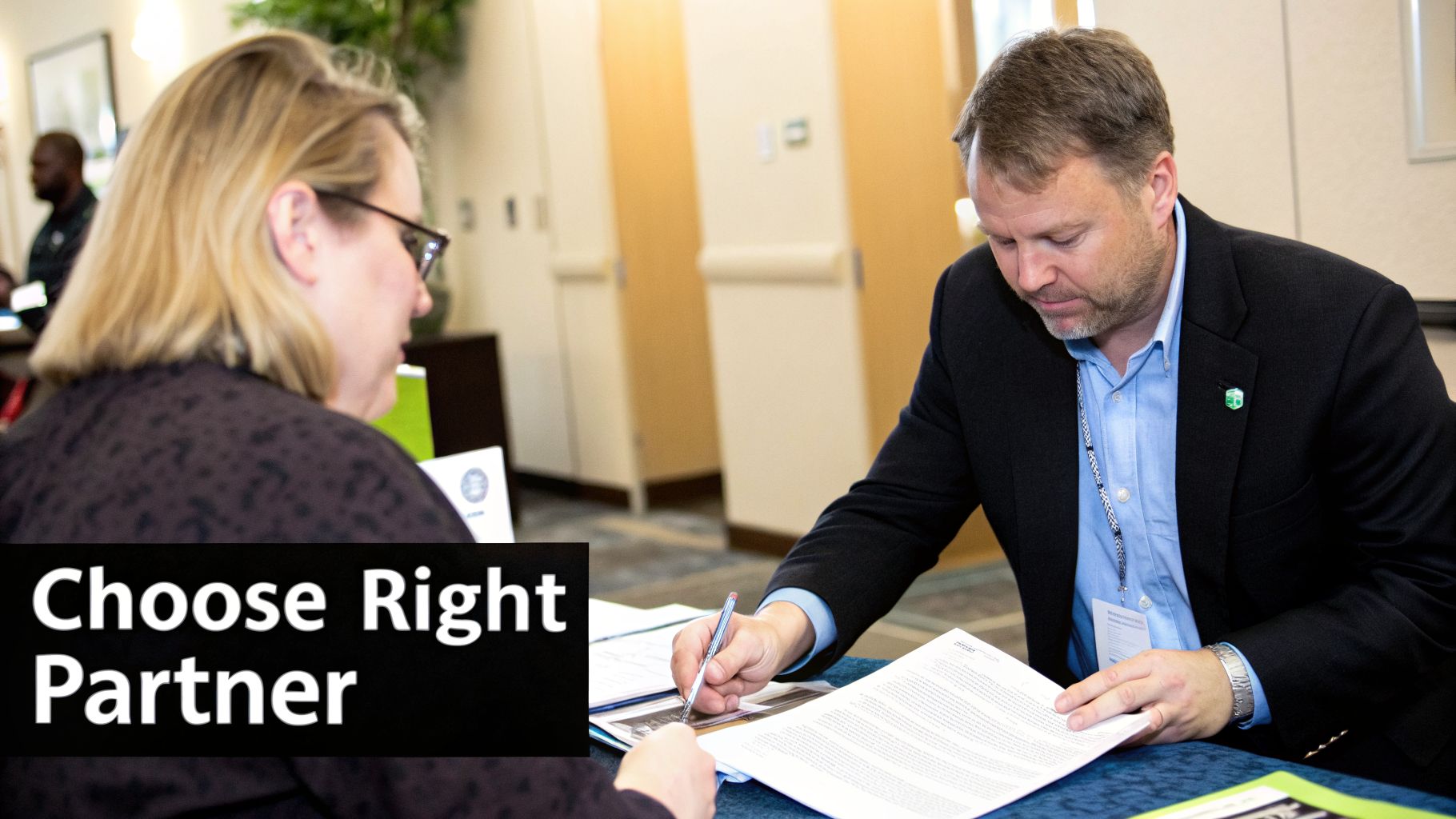 Two professionals, a man and a woman, signing a document during a business meeting.