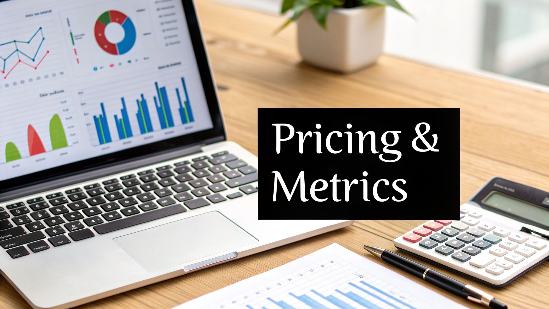 Desk with laptop displaying data, a calculator, and a black sign saying 'Pricing & Metrics' for business.