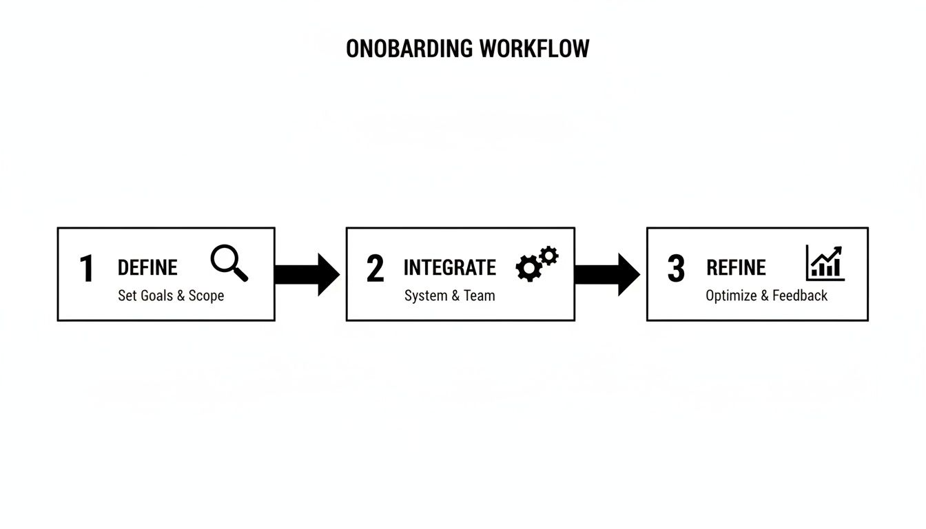 A three-step onboarding workflow diagram showing define, integrate, and refine stages with descriptions.