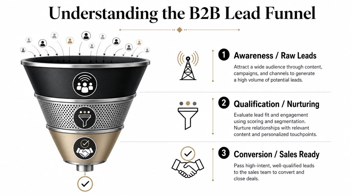 A diagram illustrating the three stages of a B2B lead generation funnel: awareness, qualification, and sales conversion.