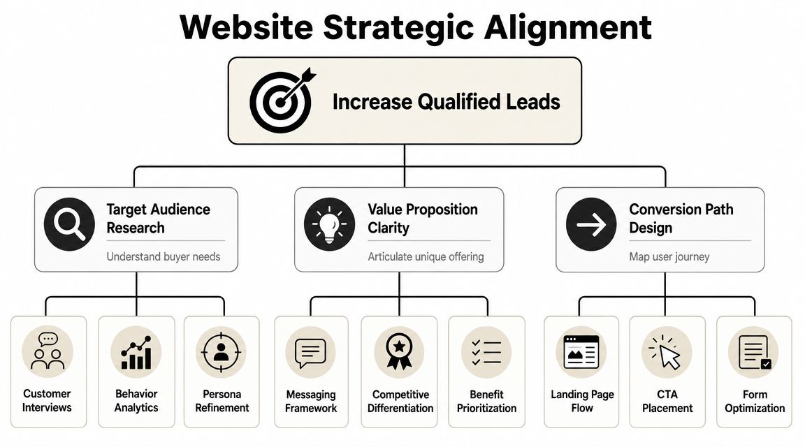 A diagram illustrating a strategic alignment framework for increasing qualified leads on B2B websites.