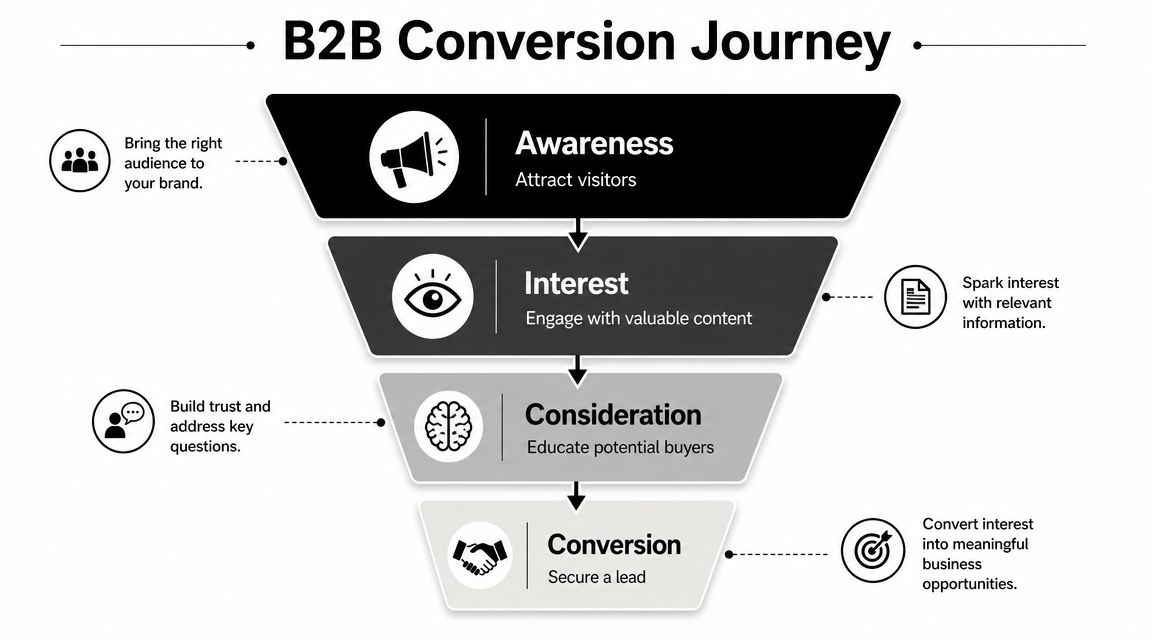 A funnel diagram illustrating the B2B conversion journey stages from awareness and interest to consideration and conversion.