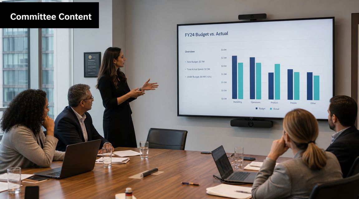 A professional woman presenting financial budget data to her team in a modern corporate boardroom meeting.