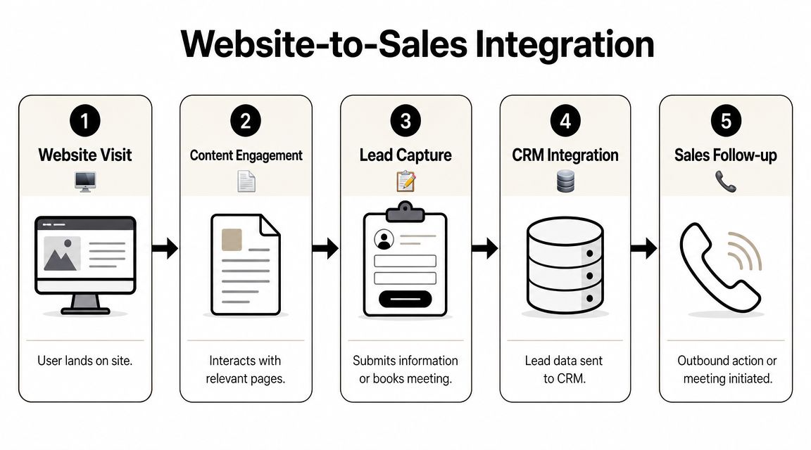 A five-step infographic showing the website-to-sales integration process for effective business lead generation.