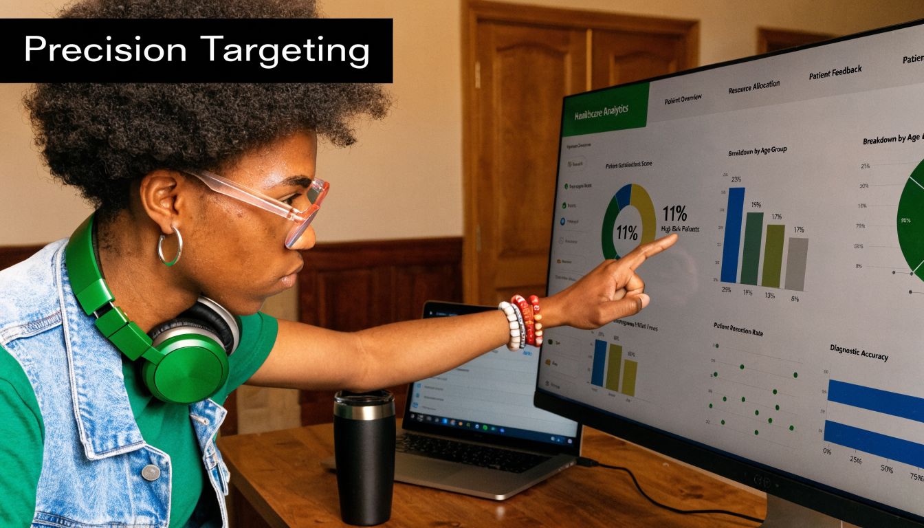 A student analyzing data on a computer screen related to healthcare analytics and patient satisfaction metrics.
