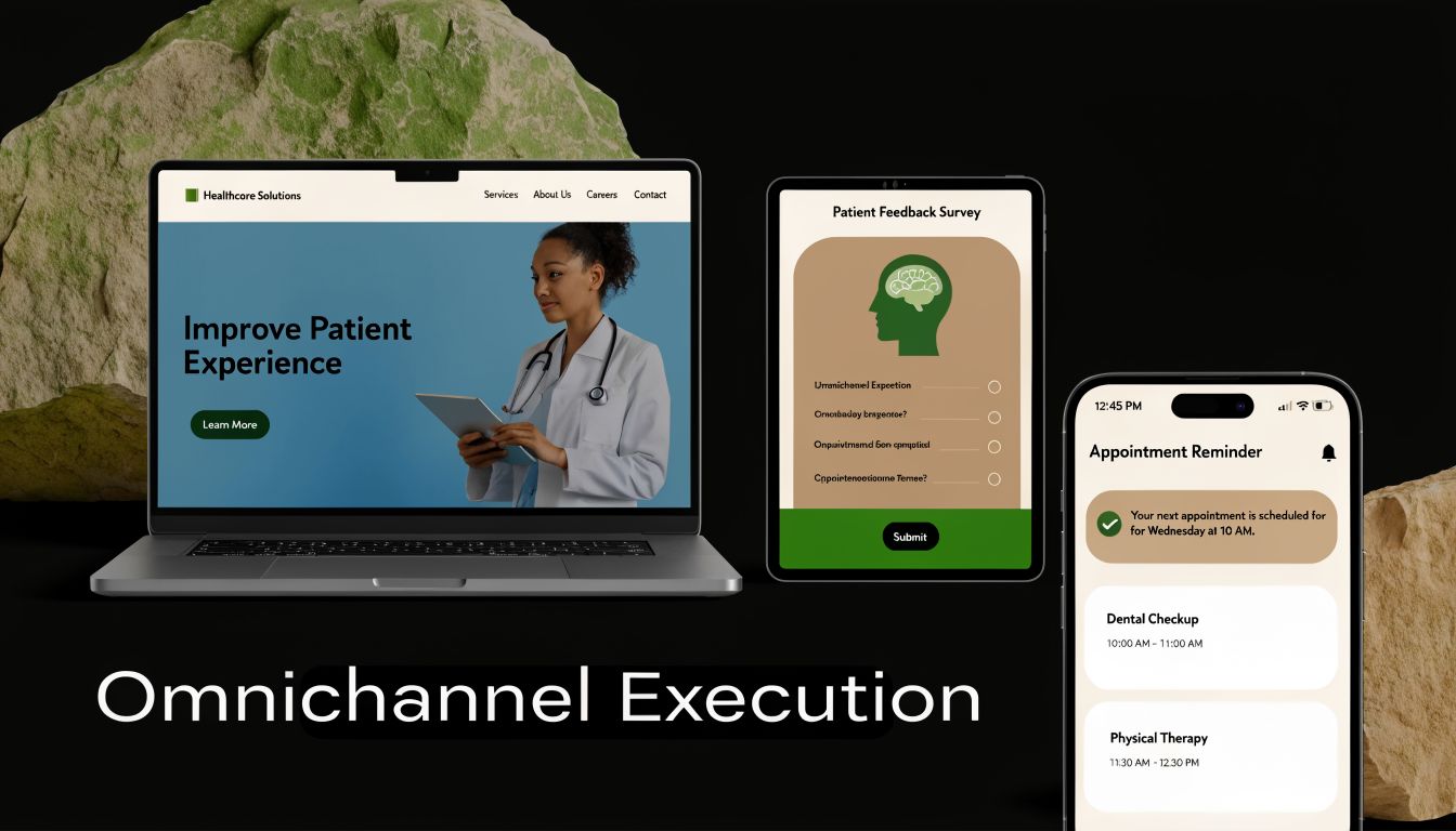 A laptop, tablet, and smartphone displaying digital healthcare solutions and appointment reminders against a dark background.