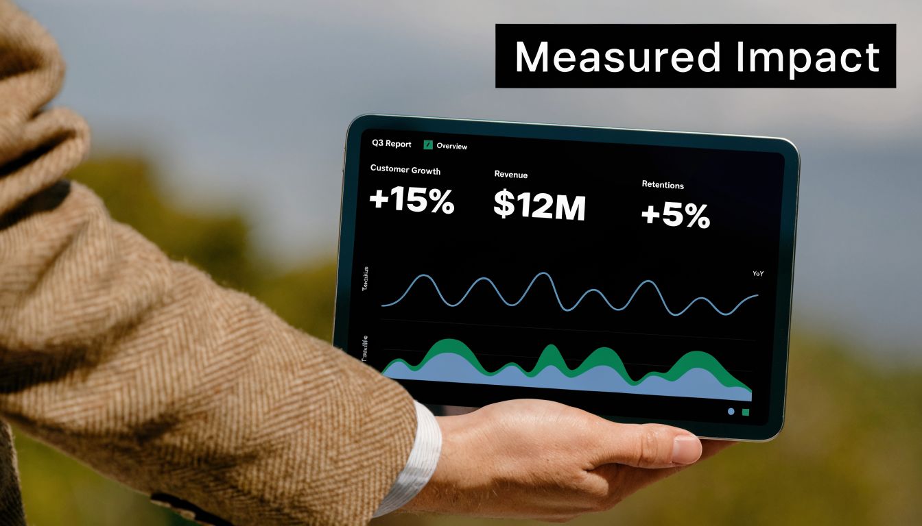 A person in a blazer holding a tablet displaying business growth metrics and revenue charts outdoors.