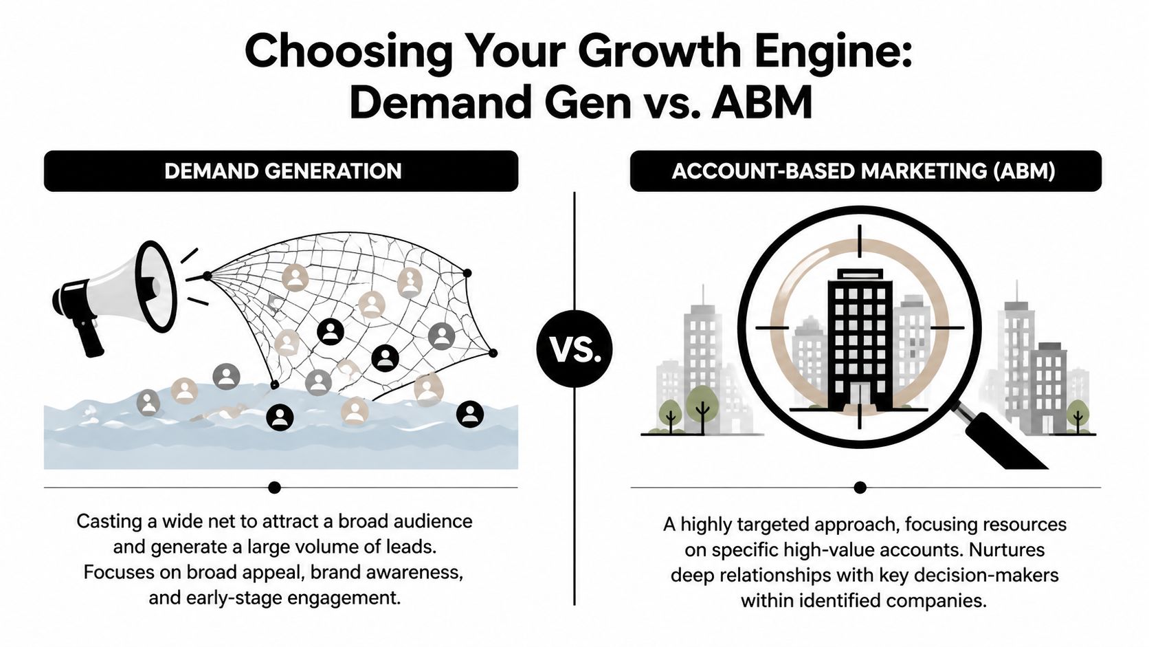 A comparison graphic showing Demand Generation casting a wide net versus Account-Based Marketing using a targeted approach.