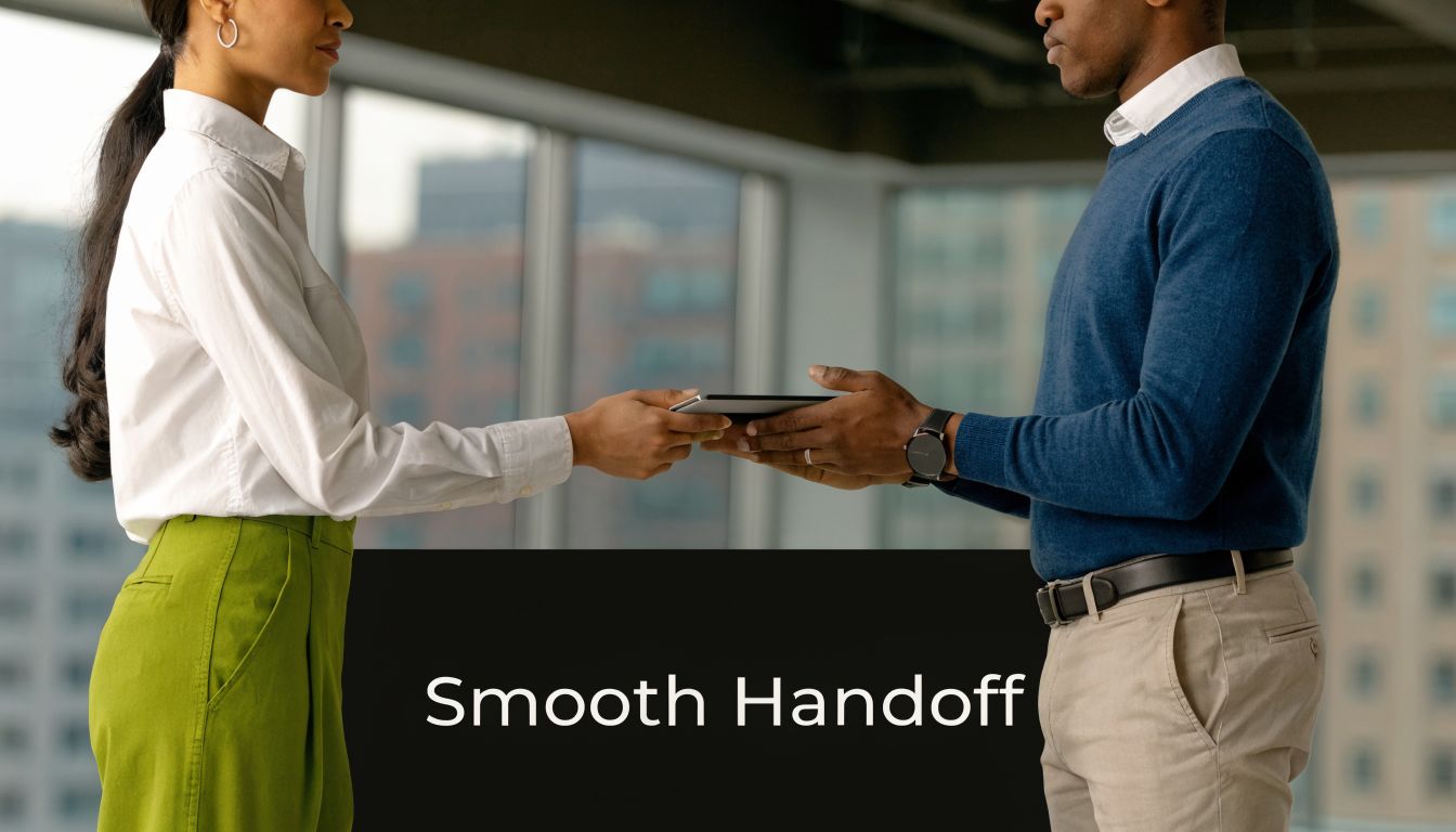 A professional woman passing a tablet to a man in an office, symbolizing a smooth business handoff.
