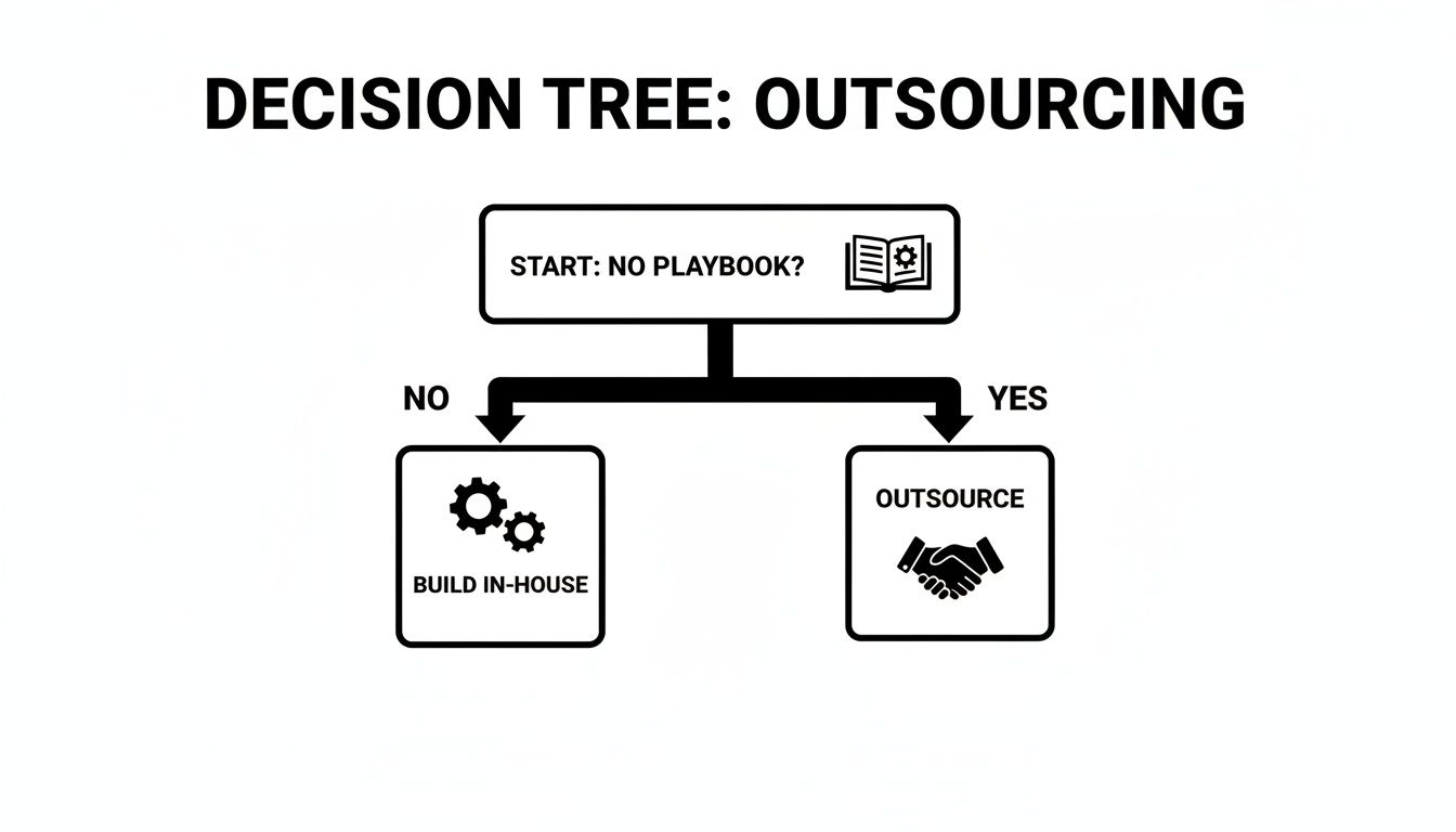 A decision tree flowchart illustrating whether to build in-house or outsource based on playbook availability.
