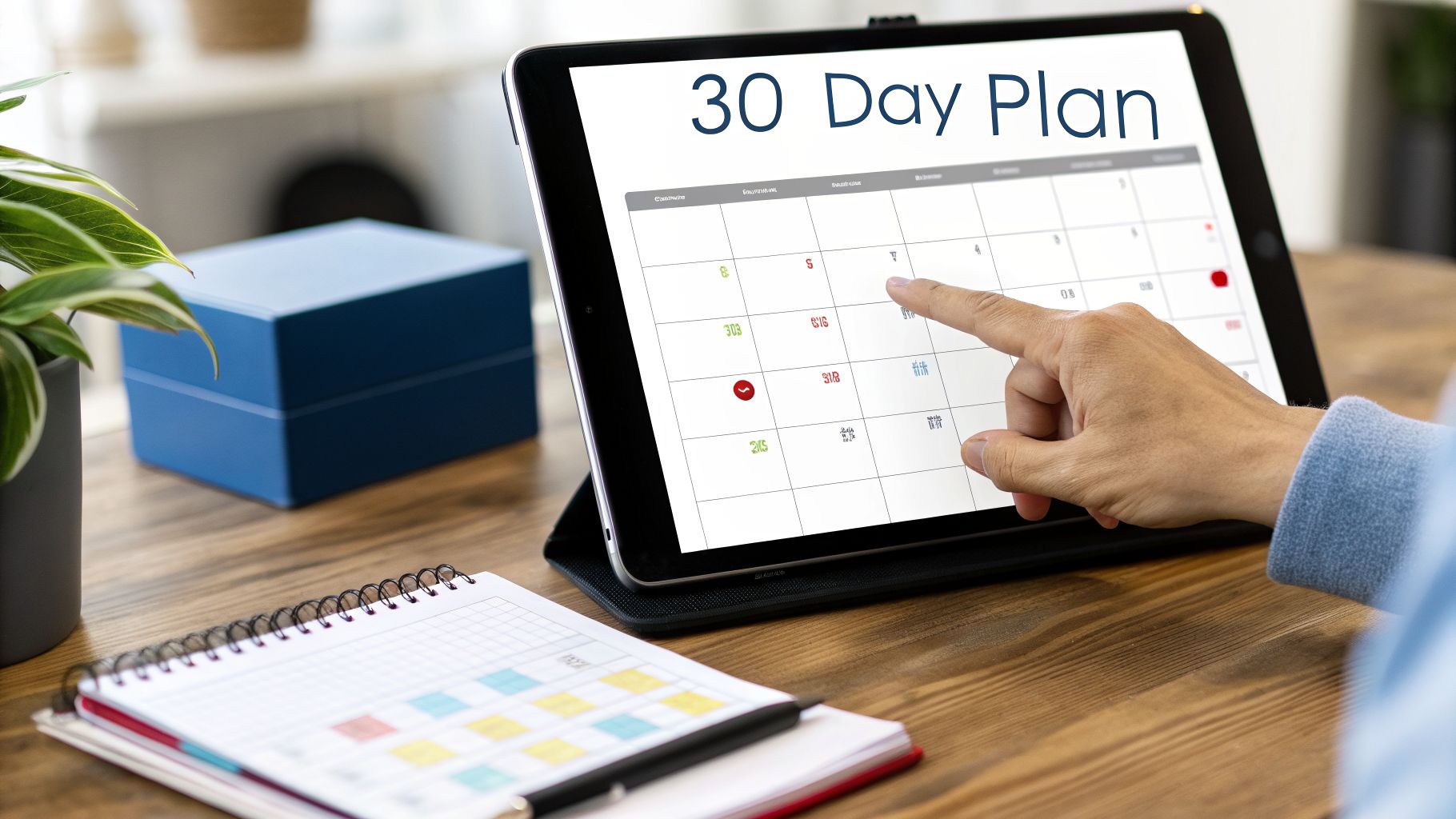 A person's hand interacts with a tablet showing a '30 Day Plan' on a digital calendar.