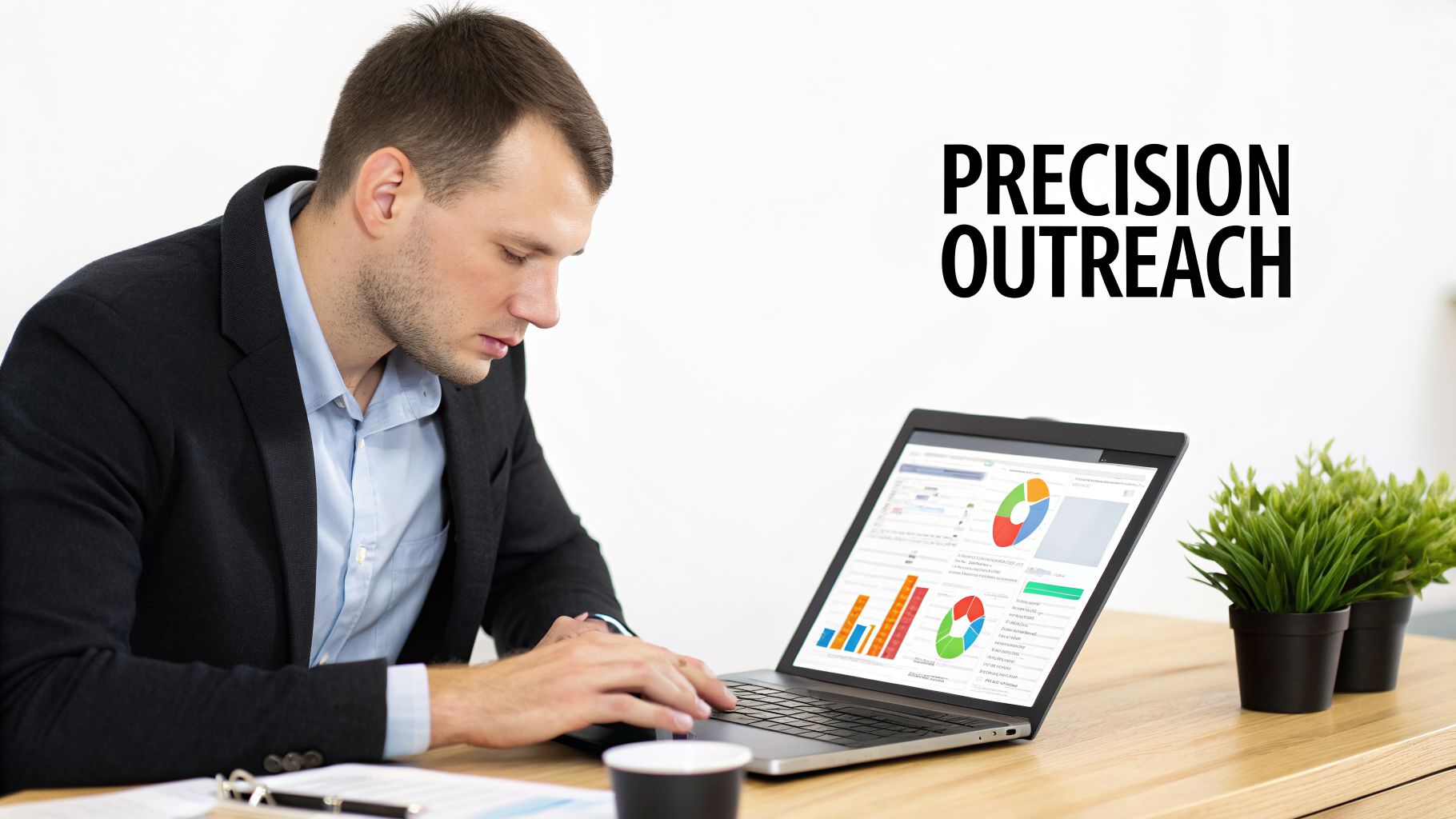 Man in a suit using a laptop displaying data and graphs, with 'Precision Outreach' text.