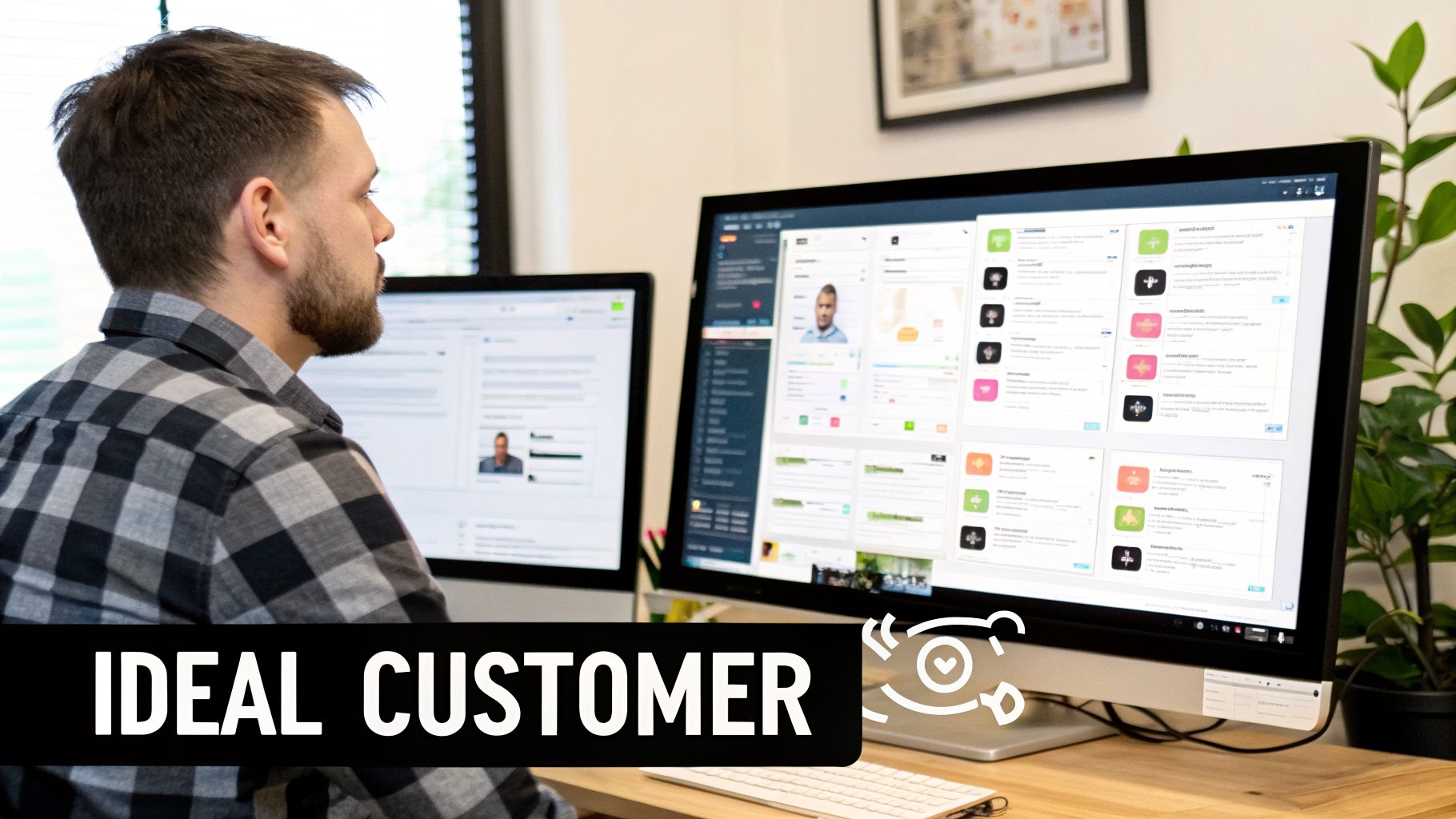 Side view of a man working on two computer monitors with customer management software.