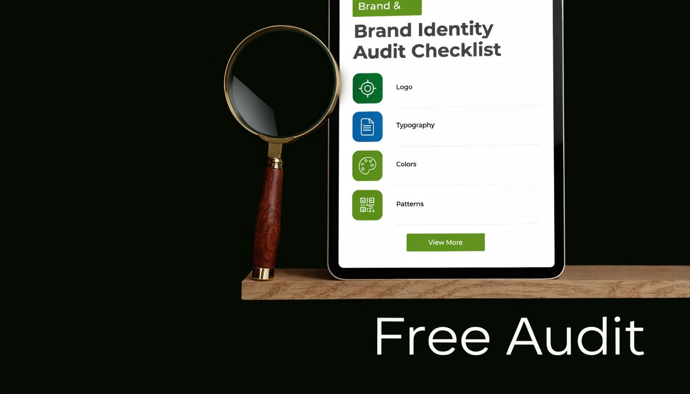 A digital tablet displaying a brand identity audit checklist next to a magnifying glass on a shelf.