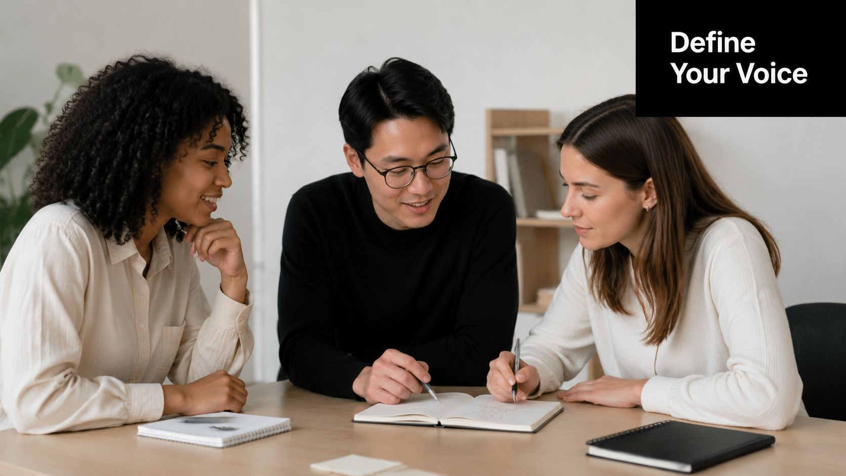 A diverse group of three creative professionals collaborating on a project in a bright office environment.
