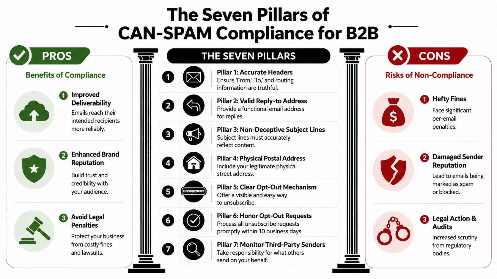 An infographic titled The Seven Pillars of CAN-SPAM Compliance for B2B illustrating pros, cons, and requirements.