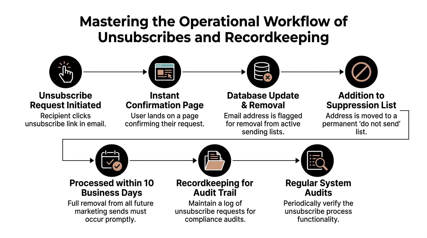 A diagram illustrating the operational workflow of email unsubscribe requests, database updates, and compliance recordkeeping steps.