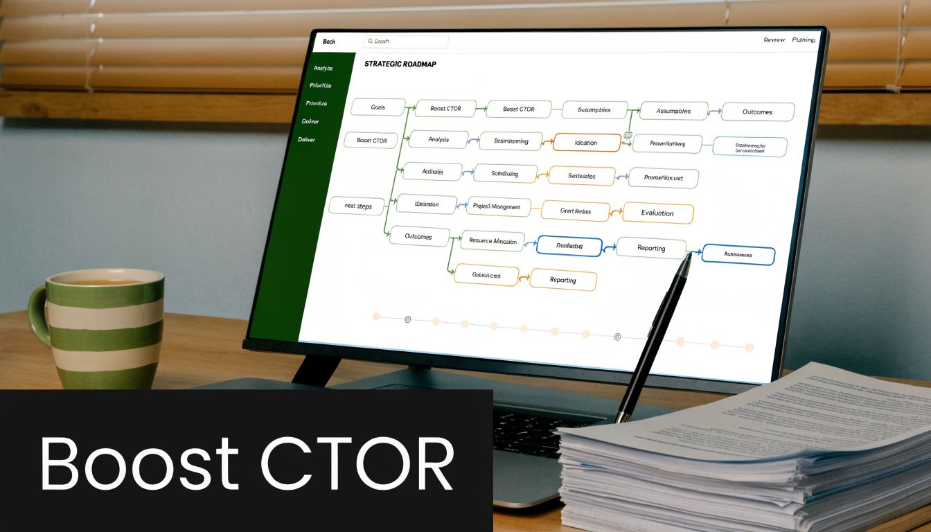 A computer screen showing a complex strategic roadmap chart with various process steps in a modern office.