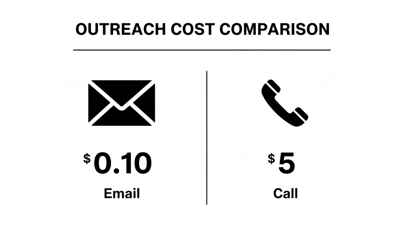 A comparison infographic showing outreach costs: email costs $0.10, while a phone call costs $5.