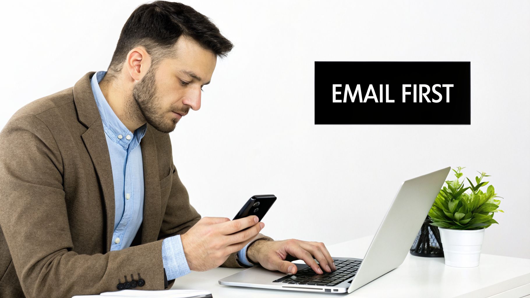 A man works on a laptop and phone at a desk, with an 'EMAIL FIRST' sign on the wall.