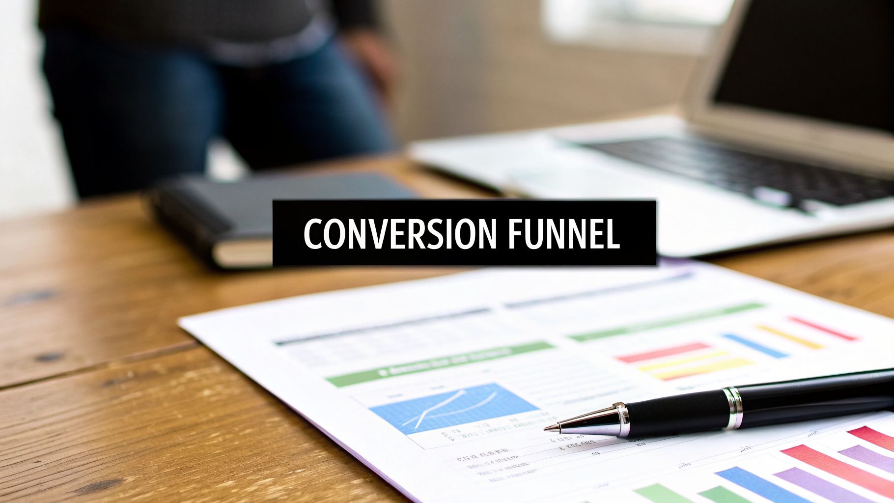 A black banner with 'CONVERSION FUNNEL' text on a desk with a laptop, charts, pen, and notebook, illustrating business analytics.