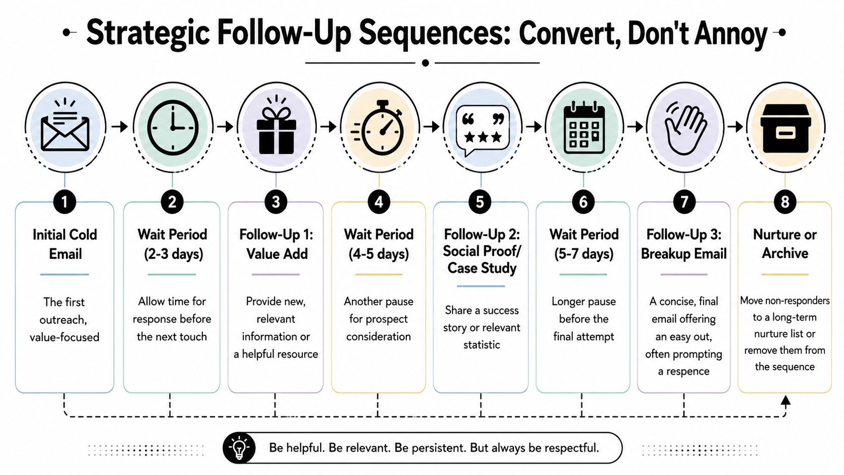 An infographic showing a step-by-step 8-stage strategic follow-up email sequence to convert leads without being annoying.