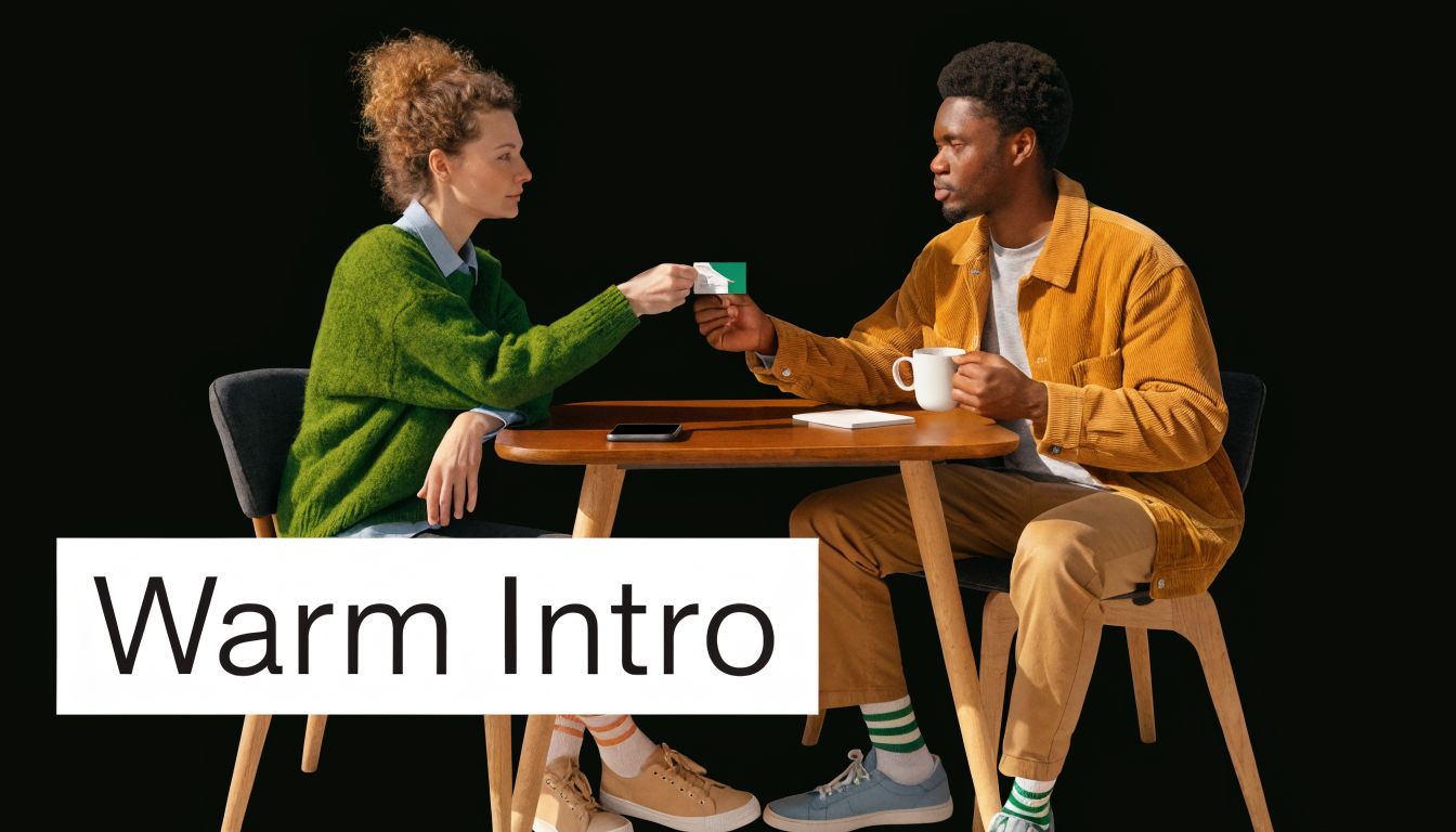 A woman and a man sitting at a table exchanging a business card during a friendly meeting.