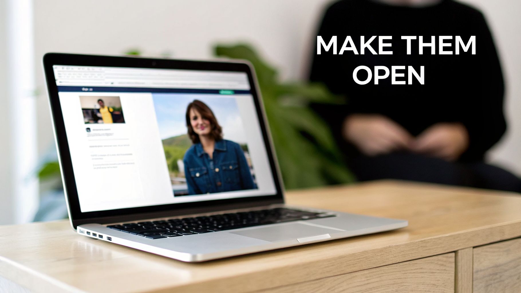 A laptop displaying a social media profile on a wooden desk with 'MAKE THEM OPEN' text.