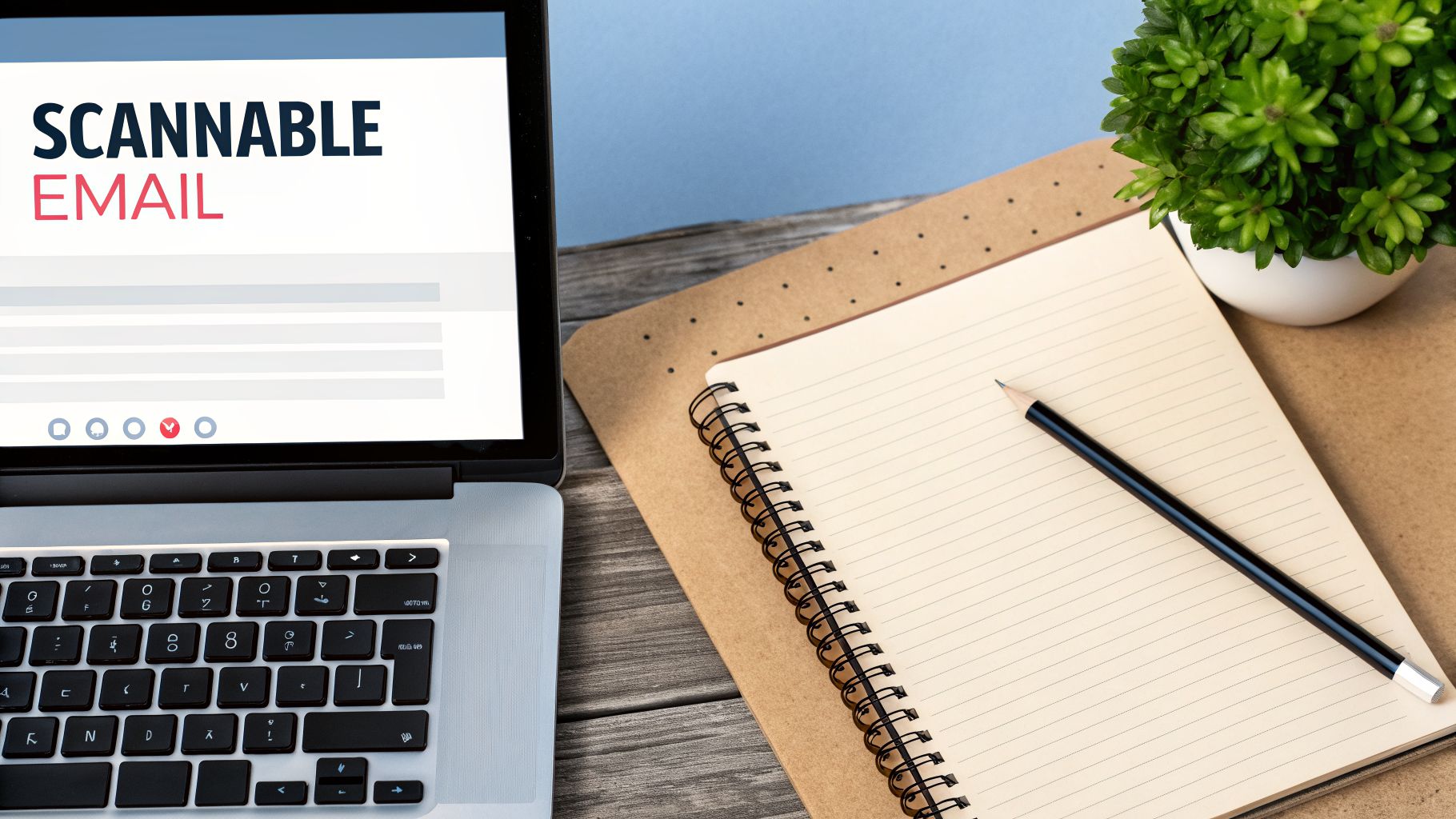 A laptop displaying 'SCANNABLE EMAIL' on screen, next to a notebook, pencil, and plant on a wooden desk.