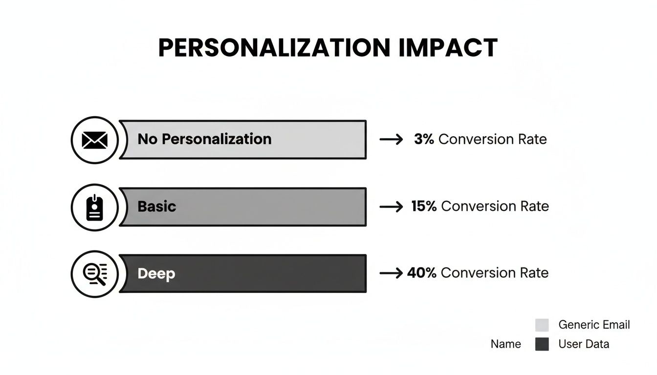 A bar chart illustrating the impact of email personalization levels on conversion rates, showing significant increases.