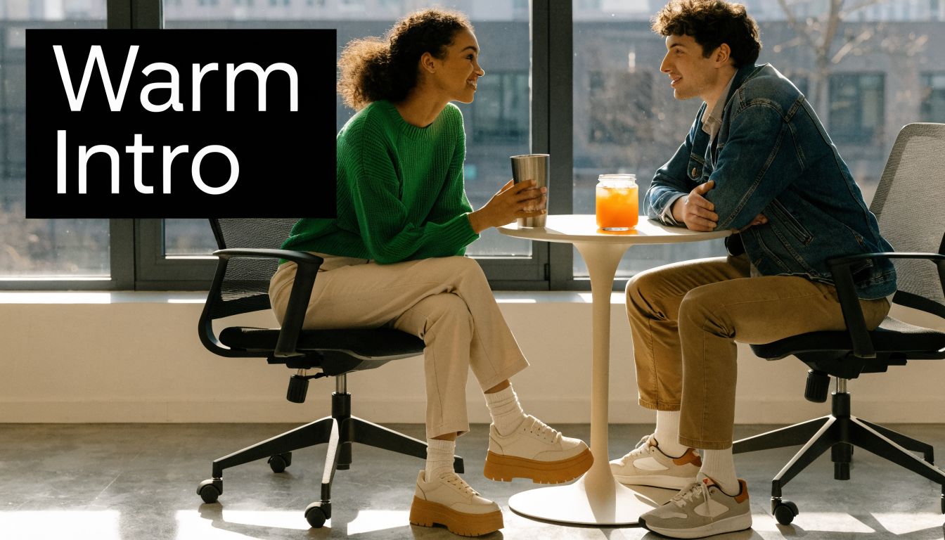 A man and a woman sitting at a table in a modern office having a friendly conversation.