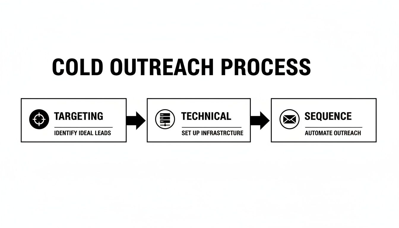 A visual flow diagram illustrating the three-step cold outreach process: targeting, technical setup, and sequence automation.