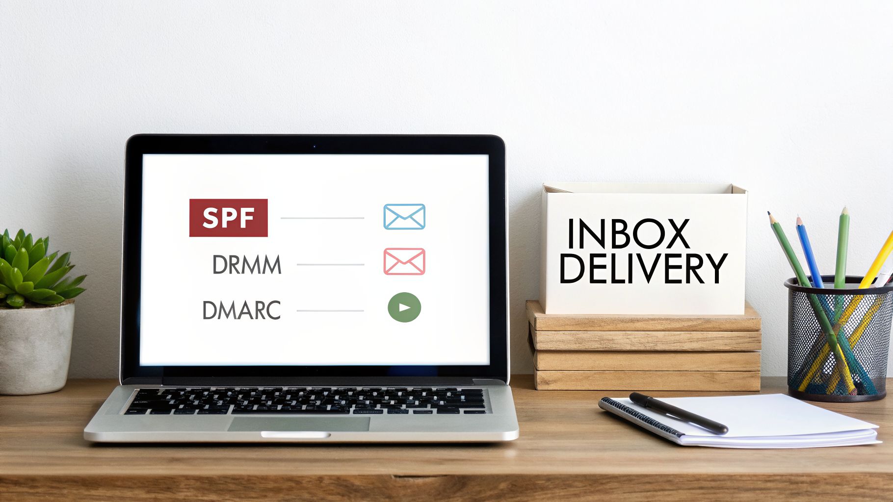 A laptop displays email authentication protocols like SPF, DRMM, DMARC, beside an 'INBOX DELIVERY' box.